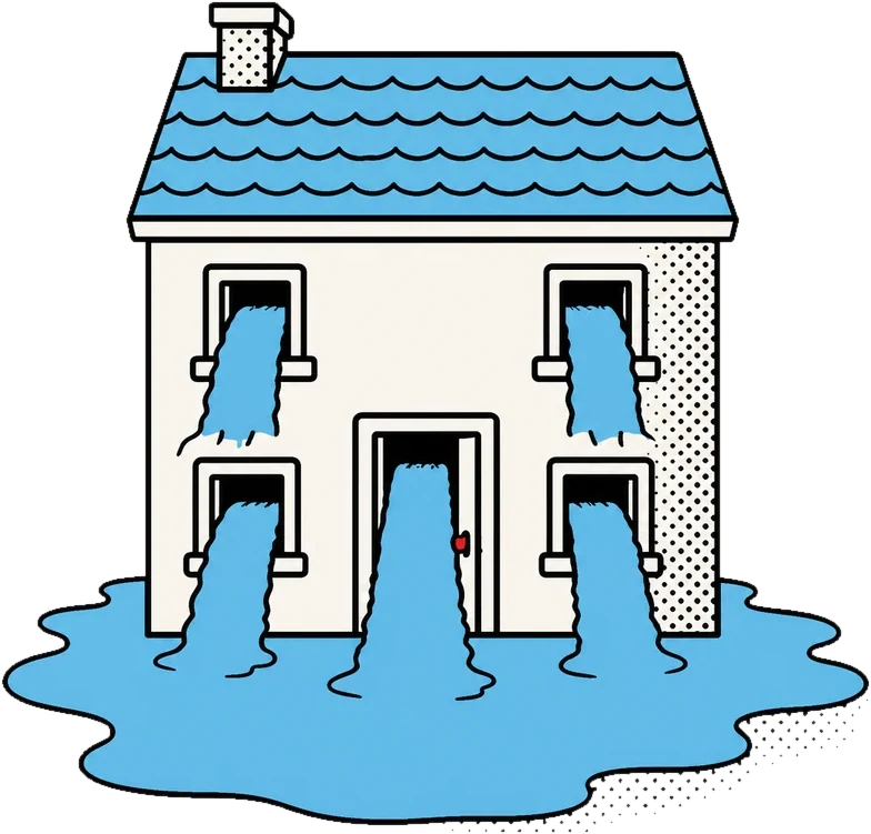 A house with water pouring out of every window